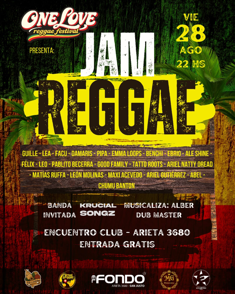 Flyer de One Love Reggae del viernes 28 de agosto en Encuentro Club