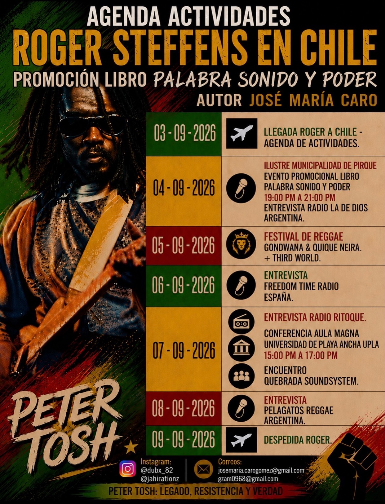 Flyer con la agenda de Roger Steffens en Chile del 3 al 9 de septiembre de 2026